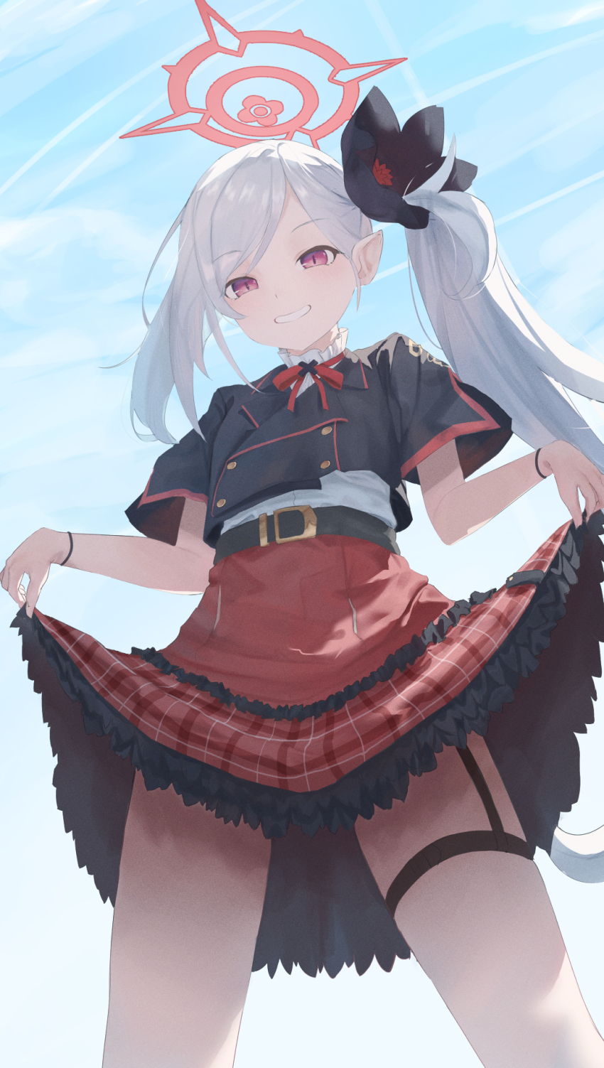 1girl, belt, black_belt, black_flower, blue_archive, clothes_lift, commentary, elxion