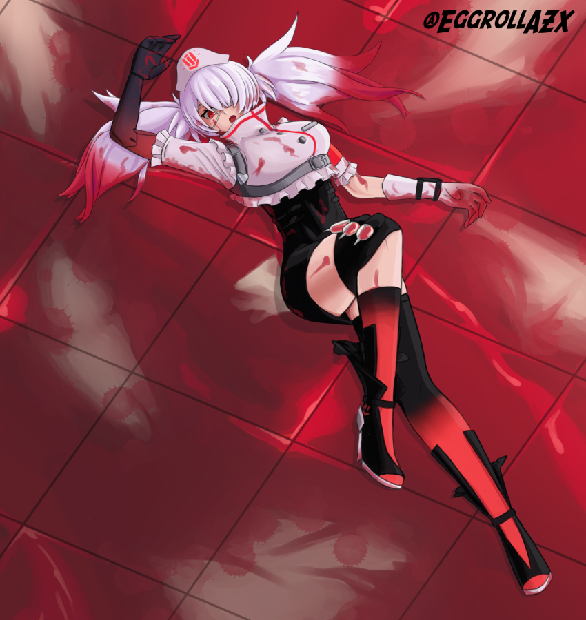 1girl, black_skirt, blood, blood_in_hair, blood_on_clothes, blood_on_face, blood_on_hands, breasts