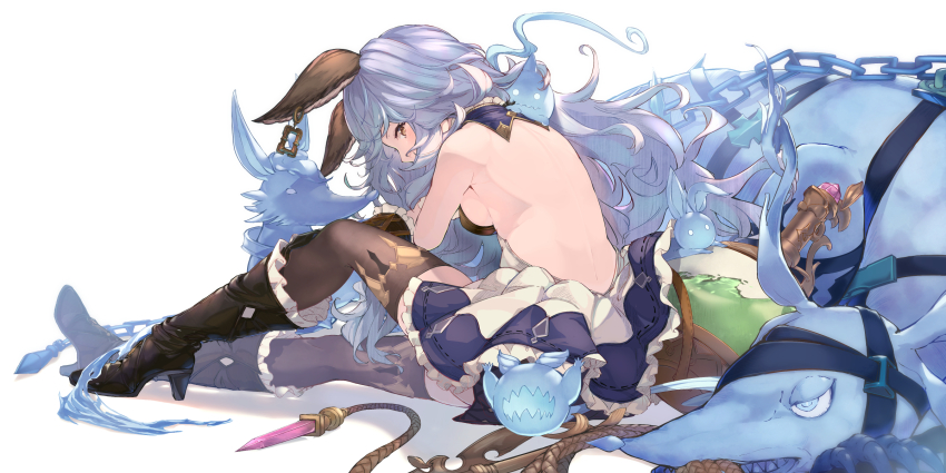 1girl, animal_ears, back, bare_back, beppo_(granblue_fantasy), black_boots, blue_hair, blue_skirt