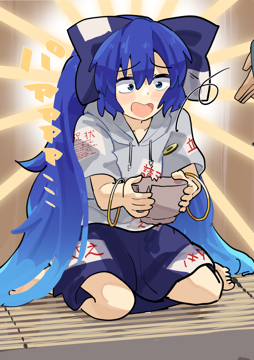1girl, absurdly_long_hair, bangle, blue_eyes, blue_hair, blue_skirt, blush, bow, bowl, bracelet, coin, commentary_request, damaged, debt, donation, full_body, grey_hoodie, hair_between_eyes, hair_bow, happy, holding, holding_bowl, holed_coin, hood, hood_down, hoodie, jewelry, kneeling, leftame, long_hair, open_mouth, raised_eyebrows, rice_bowl, short_sleeves, skirt, smile, solo_focus, touhou, very_long_hair, yorigami_shion