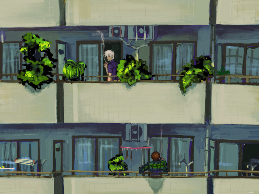 2boys, akagi:_yami_ni_oritatta_tensai, akagi_shigeru, apartment, balcony, brown_hair, cigarette, commentary_request