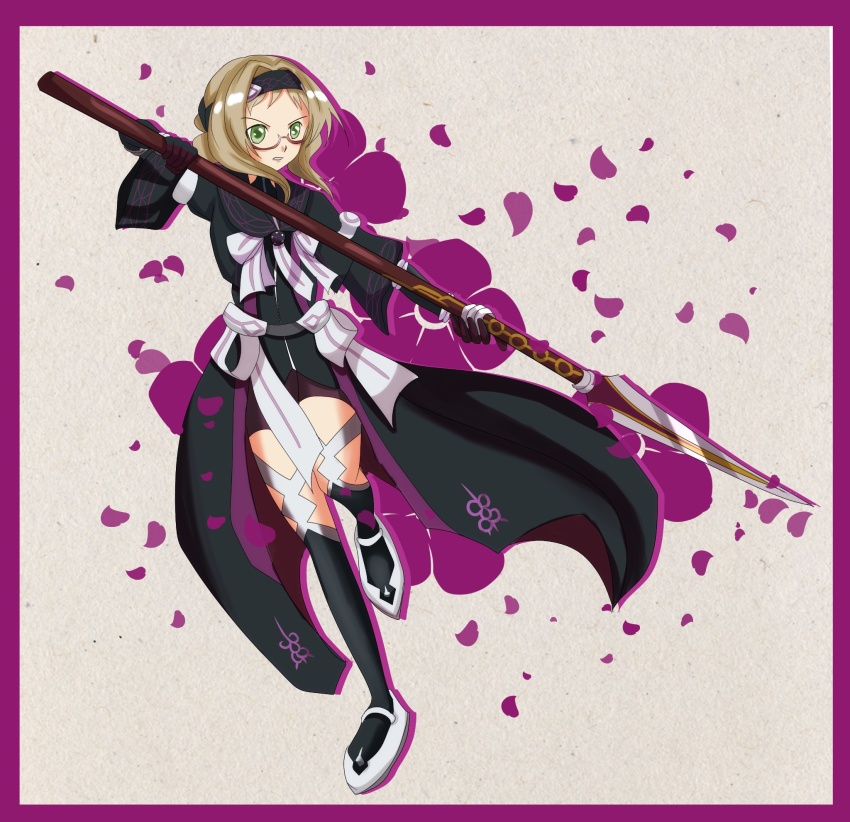 1girl, akihara_sekka, blonde_hair, brown_hair, eringi_slipper, full_body, glasses, gloves, green_eyes, hairband, highres, petals, polearm, red-framed_eyewear, semi-rimless_eyewear, shoes, short_hair, socks, solo, spear, weapon, yuuki_yuuna_wa_yuusha_de_aru, yuusha_de_aru