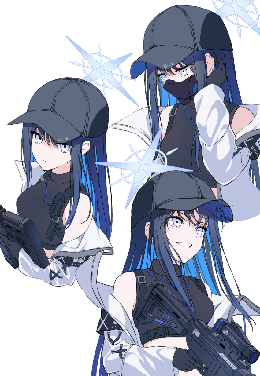 1girl, baseball_cap, black_hair, black_headwear, black_mask, black_shirt, blue_archive, blue_eyes