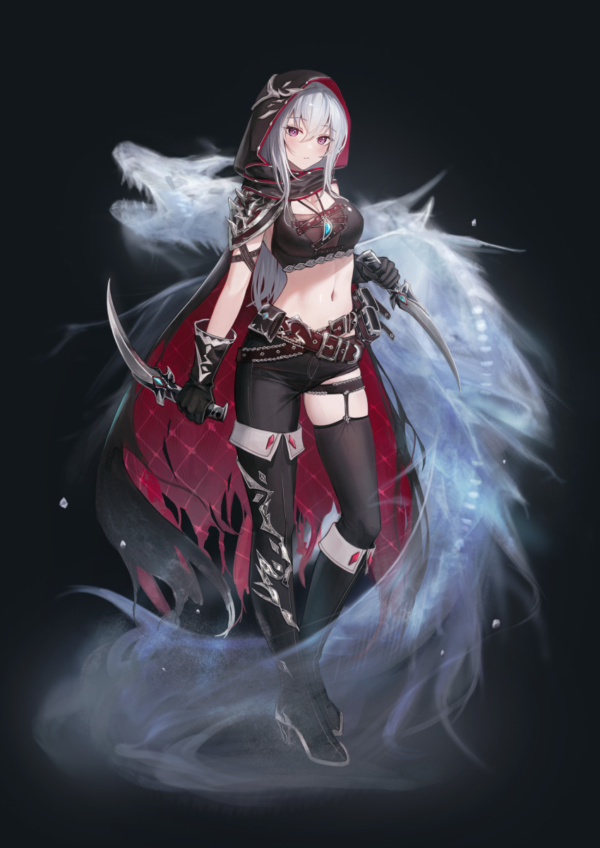 1girl, absurdres, armor, asymmetrical_clothes, asymmetrical_footwear, belt, black_background, black_boots