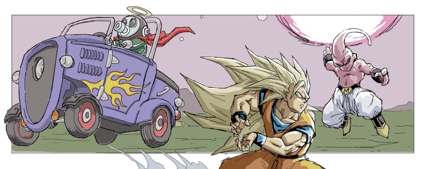 3boys, black_sclera, blonde_hair, cape, car, colored_sclera, colored_skin, commentary_request