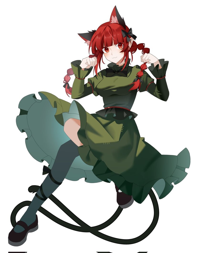 1girl, :3, animal_ears, black_bow, black_bowtie, bow, bowtie, braid, cat_ears, cat_girl, cat_tail, closed_mouth, commentary, corrupted_twitter_file, extra_ears, frilled_skirt, frilled_sleeves, frills, green_shirt, green_skirt, hair_bow, hands_up, highres, juliet_sleeves, kaenbyou_rin, leg_ribbon, long_hair, long_sleeves, looking_at_viewer, mary_janes, miamante77, multiple_tails, paw_pose, pointy_ears, puffy_sleeves, red_eyes, red_hair, red_shoes, ribbon, shirt, shoes, simple_background, skirt, solo, tail, touhou, twin_braids, two_tails, white_background