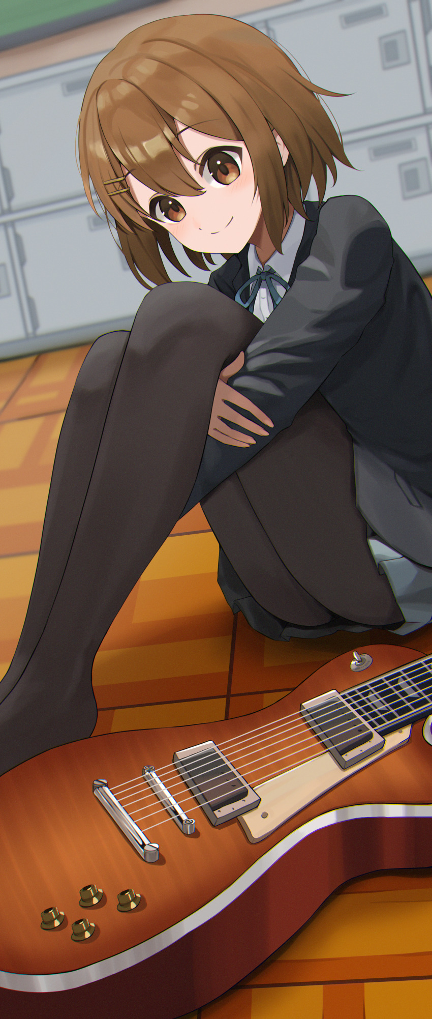 1girl, absurdres, black_jacket, black_pantyhose, blazer, blue_ribbon, blush, brown_eyes