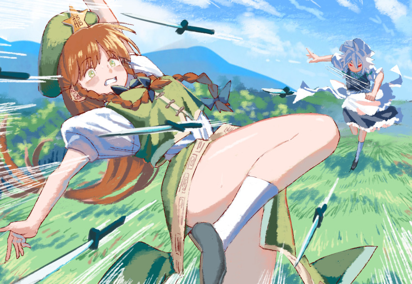 2girls, apron, ass, black_dress, black_footwear, braid, clenched_teeth, dress