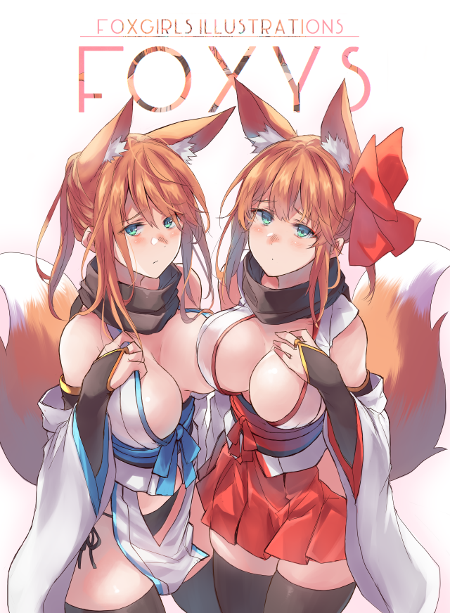 2girls, animal_ear_fluff, animal_ears, aqua_eyes, bare_shoulders, black_thighhighs, breasts, clothing_cutout, detached_sleeves, elbow_gloves, fingerless_gloves, fox_ears, fox_tail, gloves, hair_ornament, hip_vent, japanese_clothes, large_breasts, looking_at_viewer, multiple_girls, navel_cutout, obi, orange_hair, original, panties, pelvic_curtain, pelvic_curtain_cutout, red_skirt, revealing_clothes, sash, sawaya_(mizukazu), scarf, side-tie_panties, skirt, standing, tail, thighhighs, underwear, wide_sleeves