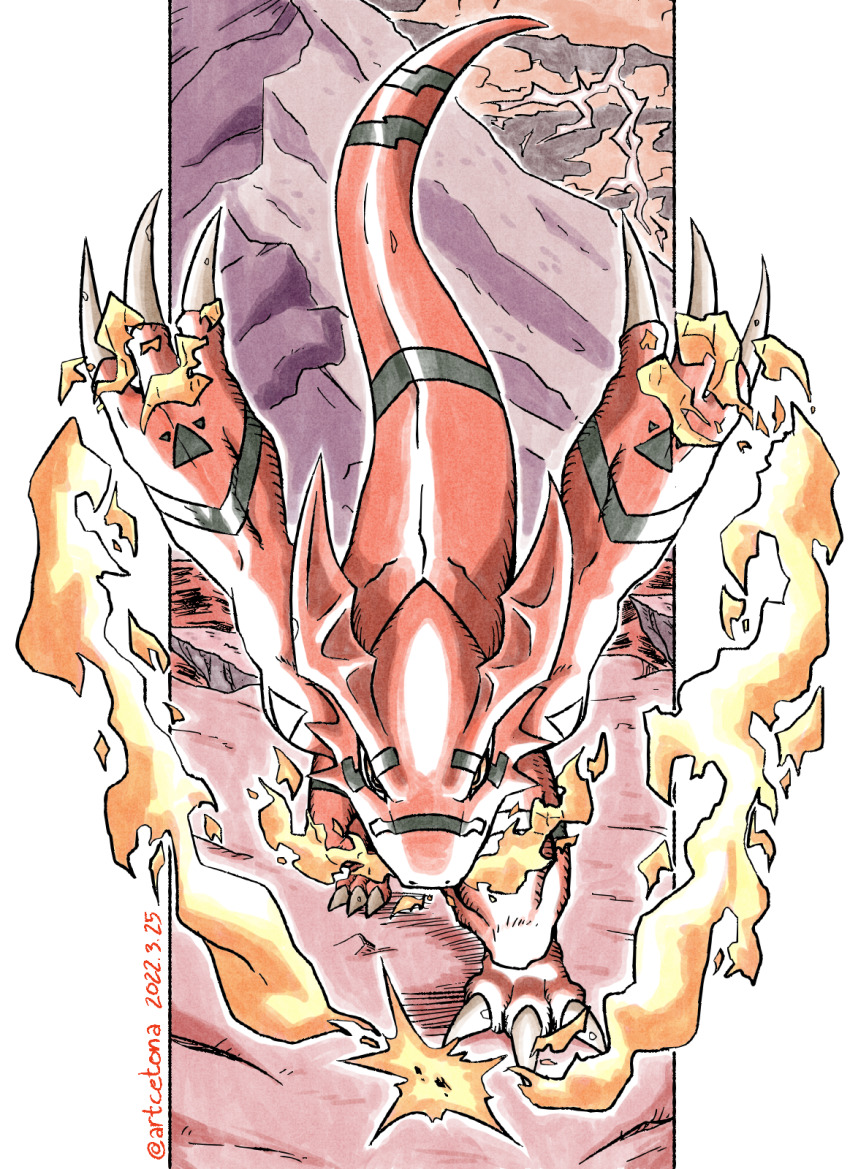 artcetona, breath_weapon, breathing_fire, claws, colored_skin, dated, digimon, digimon_(creature)