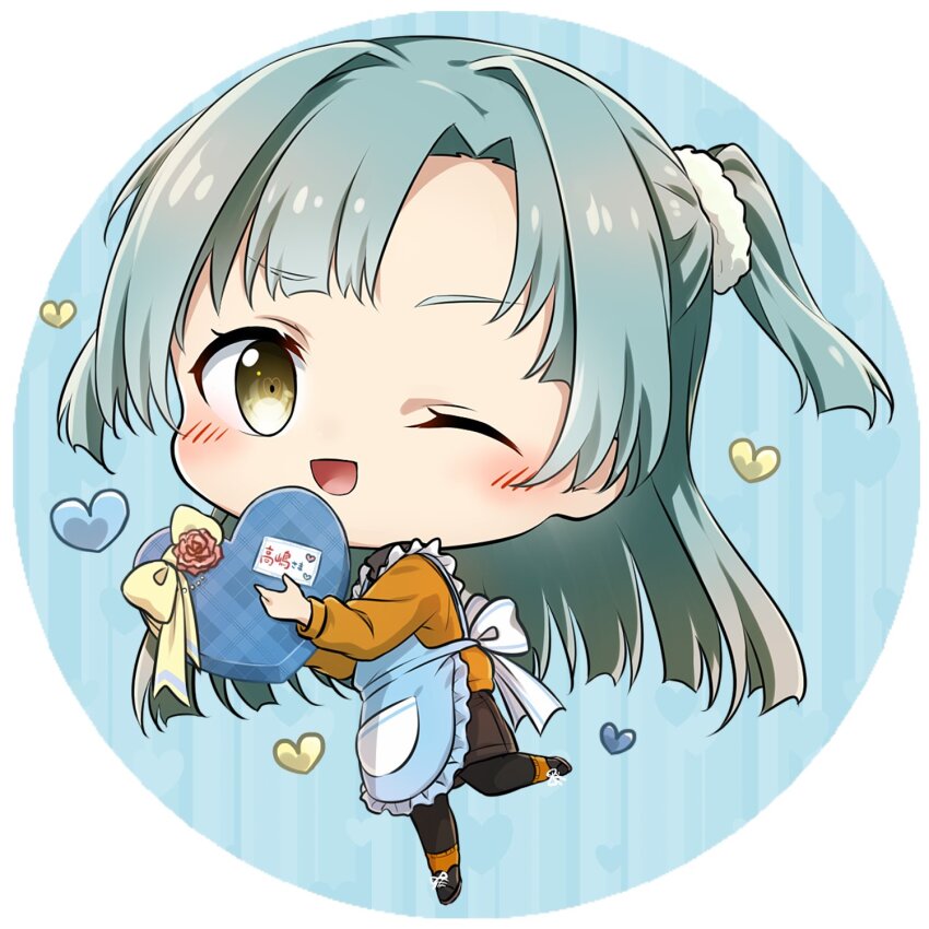 1girl, ;d, apron, black_pantyhose, black_shoes, blue_background, blue_hair, blush, bow, box, brown_eyes, chibi, eda_udon, female_focus, flower, frilled_apron, frills, full_body, gift, gift_box, green_hair, grey_hair, hair_ornament, hair_scrunchie, heart, heart-shaped_box, highres, holding, holding_box, holding_gift, long_hair, long_sleeves, looking_at_viewer, one_eye_closed, one_side_up, open_mouth, pants, pantyhose, parted_bangs, plaid_box, rose, scrunchie, shirt, shoes, skirt, smile, solo, standing, standing_on_one_leg, striped_background, sweater, valentine, very_long_hair, white_apron, yellow_eyes, yokote_suzu, yuuki_yuuna_wa_yuusha_de_aru, yuusha_de_aru