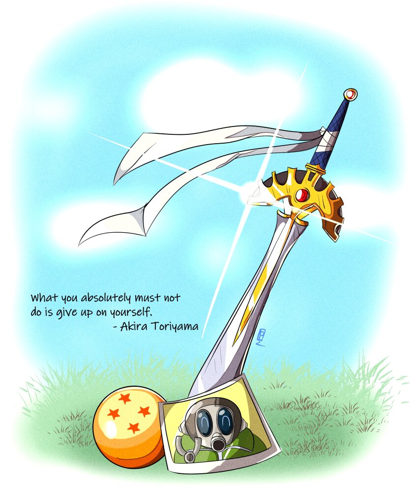 absurdres, blue_sky, character_name, dragon_ball, dragon_ball_(object), dragon_quest, english_text, glint