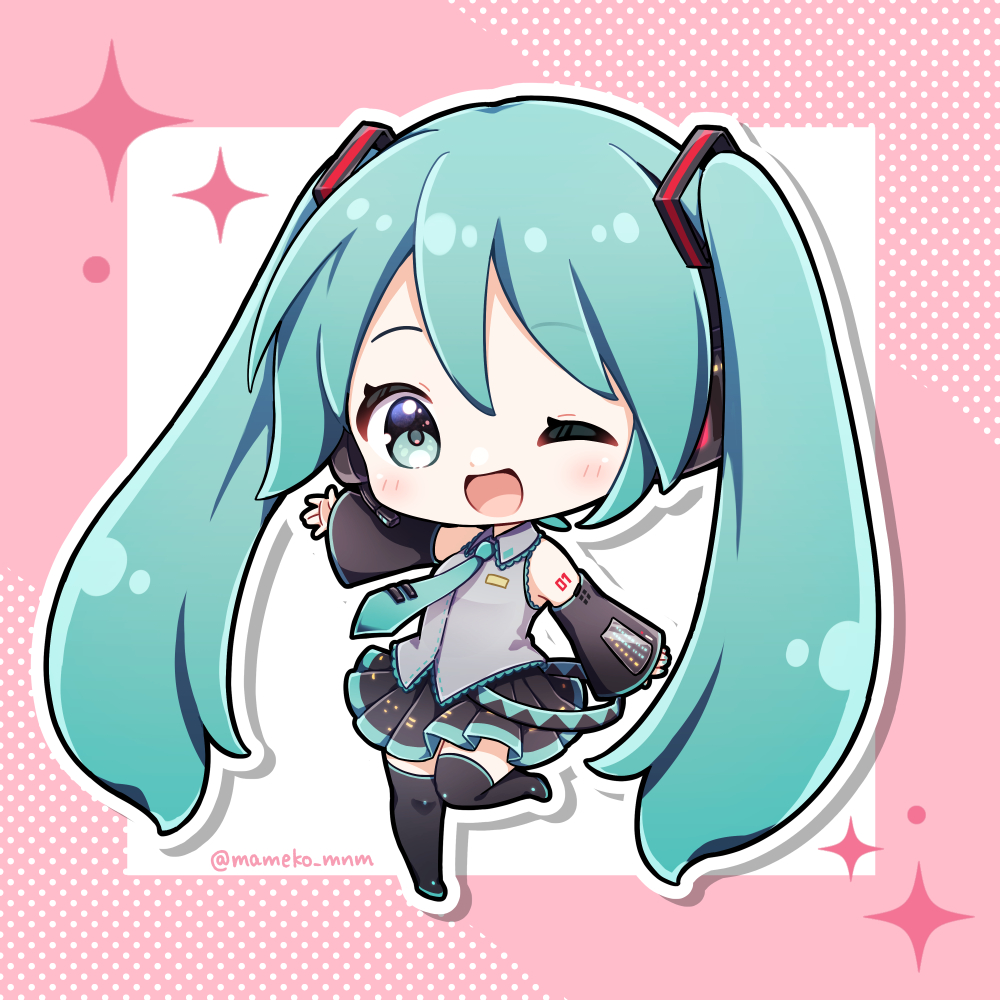 1girl, aqua_eyes, aqua_hair, aqua_necktie, bare_shoulders, black_boots, black_skirt, black_sleeves, blush, boots, border, chibi, collared_shirt, commentary_request, detached_sleeves, full_body, grey_shirt, hair_ornament, hatsune_miku, headset, long_hair, looking_at_viewer, mameko_minami, miku_day, necktie, one_eye_closed, open_mouth, outside_border, pink_border, pleated_skirt, shirt, shoulder_tattoo, skirt, sleeveless, sleeveless_shirt, solo, sparkle, standing, standing_on_one_leg, tattoo, thigh_boots, thighhighs, twintails, twitter_username, very_long_hair, vocaloid, wide_sleeves, zettai_ryouiki