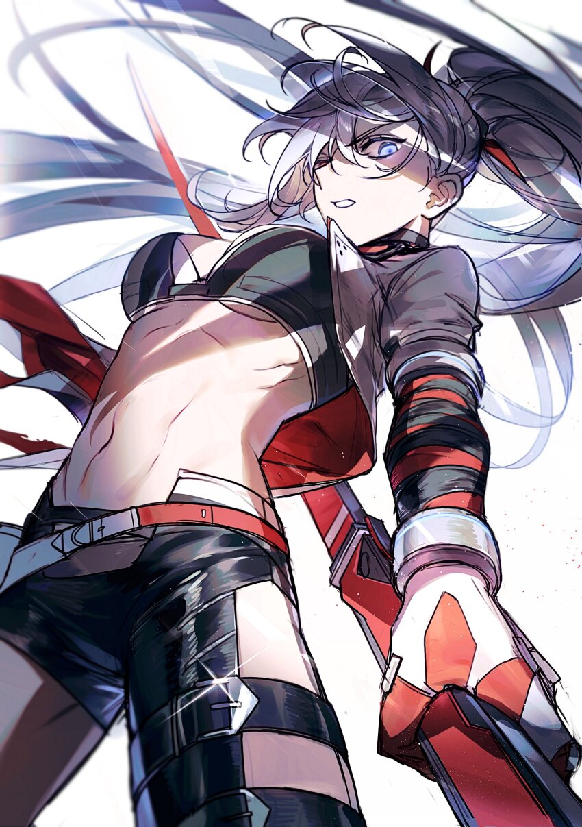 1girl, absurdres, alpha_(pgr), black_bra, black_leggings, blue_eyes, bra, breasts, from_below, grey_hair, grey_jacket, heterochromia, highres, holding, holding_sheath, jacket, jsuwbsg, katana, leggings, long_hair, alpha:_crimson_weave_(pgr), mechanical_arms, medium_breasts, navel, open_clothes, open_jacket, parted_lips, ponytail, punishing:_gray_raven, red_eyes, sheath, sheathed, single_detached_legging, solo, sports_bra, sword, underwear, weapon