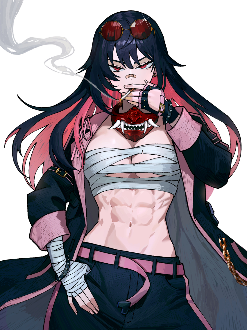 1girl, abs, bandaid, bandaid_on_face, bandaid_on_nose, black_coat, black_hair, black_pants, bracelet, chain, chest_binder, coat, colored_inner_hair, cowboy_shot, fingerless_gloves, gloves, highres, jewelry, long_hair, long_sleeves, looking_at_viewer, mask, multicolored_hair, navel, no_bra, oni_mask, original, pants, pink_hair, red_eyes, round_eyewear, smoke, smoking, solo, spiked_bracelet, spikes, sunglasses, toned, toned_female, virtual_youtuber, white_background, wrist_wrap, zeon_(zzeeonn)
