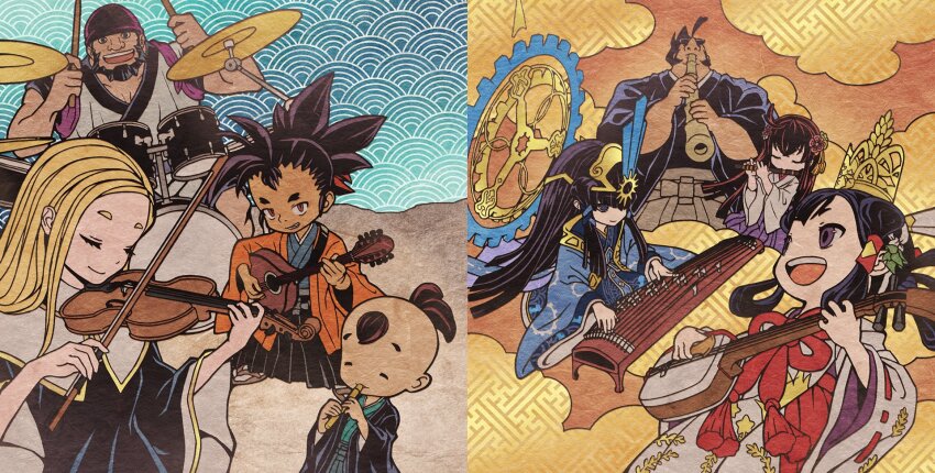 3boys, 4girls, album_cover, bachi, black_hair, blonde_hair, character_request, closed_eyes