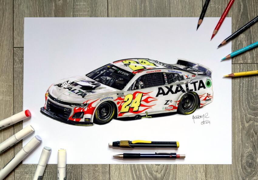 1boy, absurdres, anthony-c, artist_name, car, chevrolet, chevrolet_camaro, chevrolet_camaro_(6th_generation), colored_pencil, colored_pencil_(medium), commentary, dated, english_commentary, flame_print, gloves, goodyear, highres, ink_(medium), motor_vehicle, nascar, pen, pencil, race_vehicle, racecar, real_life, sponsor, traditional_media, vehicle_focus, vodafone, white_background, white_gloves, william_byron