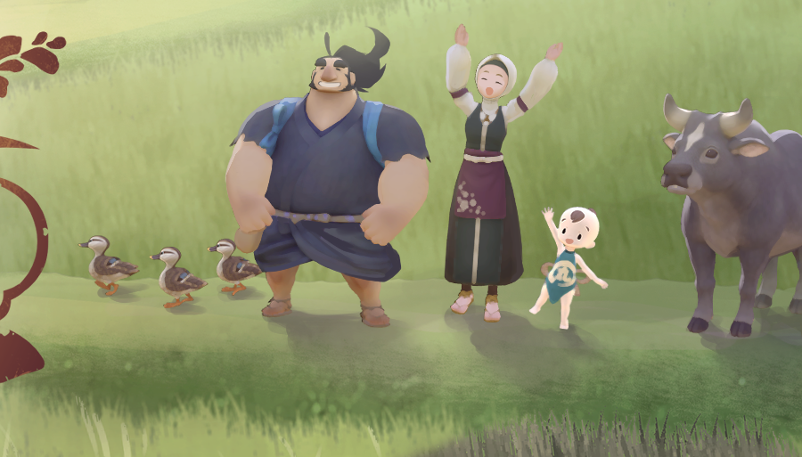 1girl, 2boys, arms_up, bird, bull, duck, grass, kaimaru