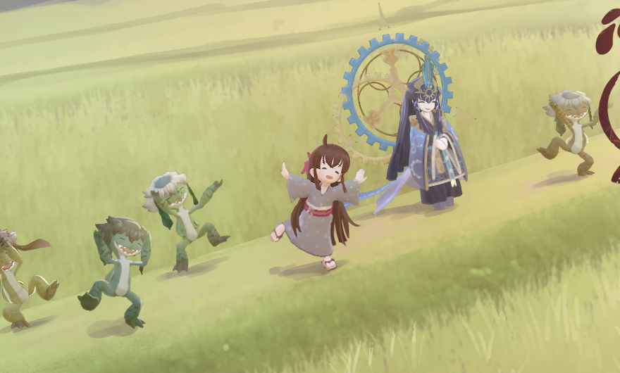 2girls, grass, grey_kimono, hagoromo, japanese_clothes, kappa, kimono, kokorowa-hime