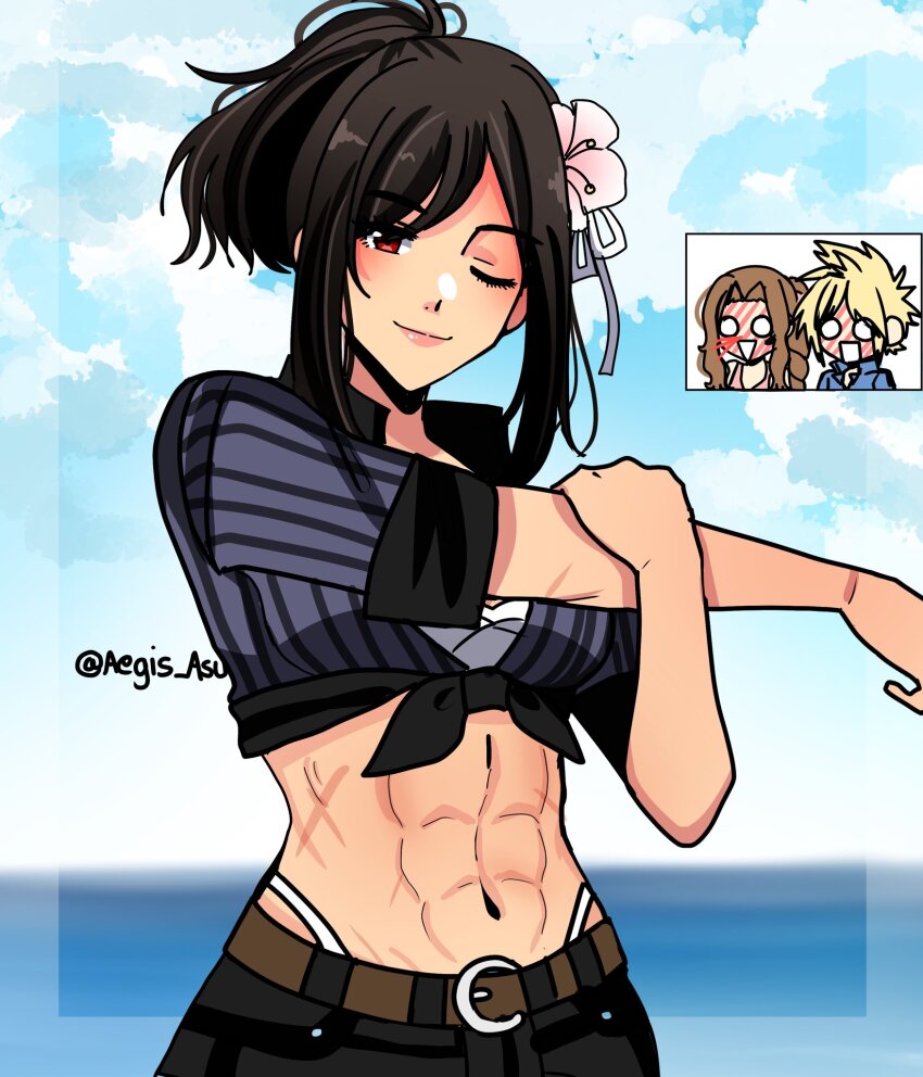 1boy, 2girls, abs, aerith_gainsborough, aerith_gainsborough_(pink_mermaid), asukaaasuu, beach, belt, black_hair, blonde_hair, blush, brown_hair, cloud_strife, cloud_strife_(ocean_chocobo), costa_del_sol, crop_top, final_fantasy, final_fantasy_vii, final_fantasy_vii_rebirth, final_fantasy_vii_remake, flower, front-tie_top, full-face_blush, hair_flower, hair_ornament, highres, multiple_girls, muscular, muscular_female, ocean, official_alternate_costume, official_alternate_hairstyle, one_eye_closed, rectangular_mouth, smile, spiked_hair, stretching, thong, tifa_lockhart, tifa_lockhart_(majestic_glamour), triangle_mouth