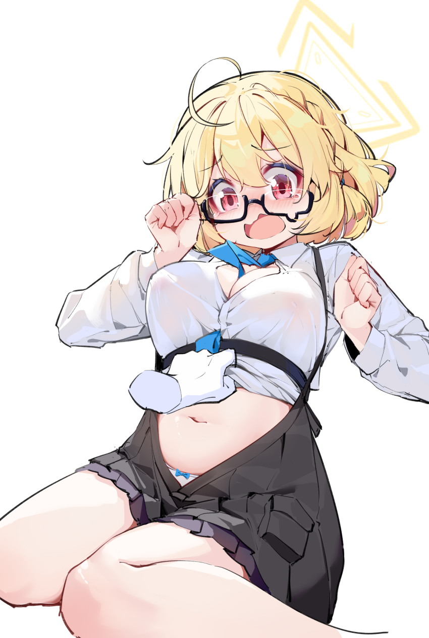 1girl, 1other, absurdres, ahoge, black-framed_eyewear, black_skirt, blonde_hair, blue_archive