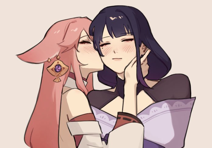 2girls, blush, closed_eyes, earrings, genshin_impact, hair_ornament, japanese_clothes, jewelry, kiss, kissing_cheek, long_hair, mole, mole_under_eye, multiple_girls, nonons, pink_hair, purple_eyes, purple_hair, raiden_shogun, simple_background, upper_body, yae_miko, yuri