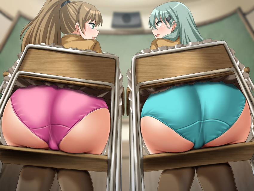 2girls, absurdres, aqua_panties, ass, brown_hair, brown_skirt, brown_thighhighs, chair