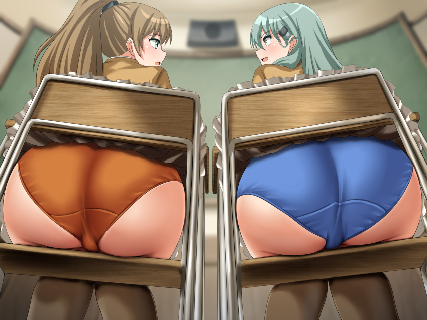 2girls, absurdres, ass, blue_panties, brown_hair, brown_skirt, brown_thighhighs, chair