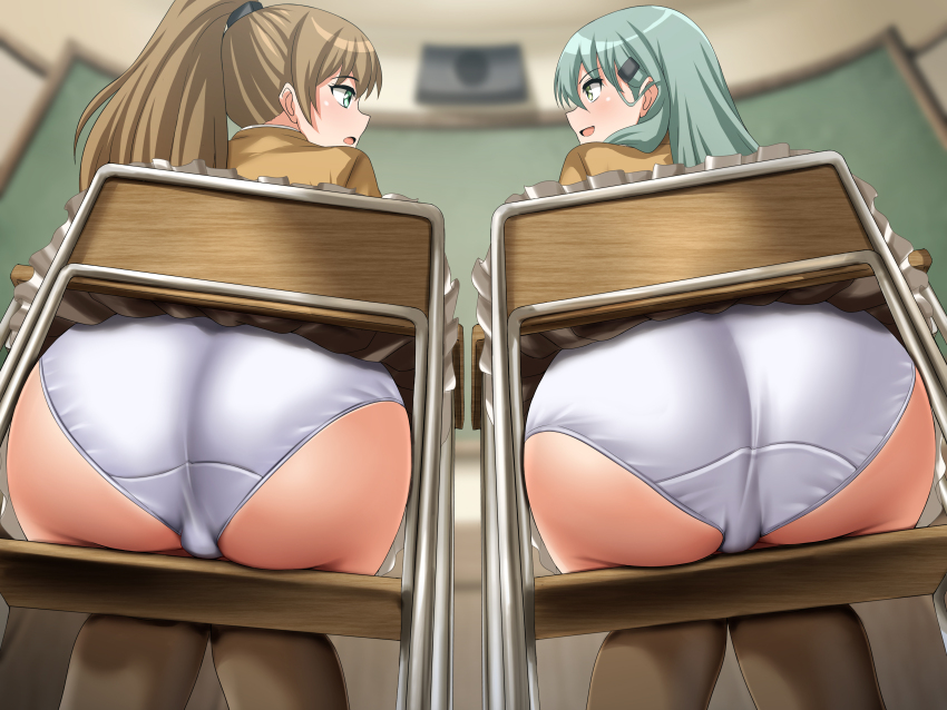 2girls, absurdres, ass, brown_hair, brown_skirt, brown_thighhighs, chair, classroom