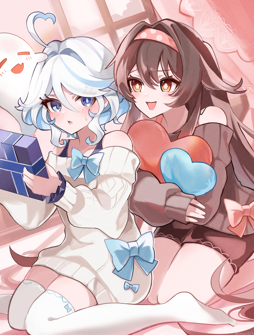 2girls, absurdres, ahoge, bare_shoulders, black_shorts, blue_bow, blue_eyes, blue_hair