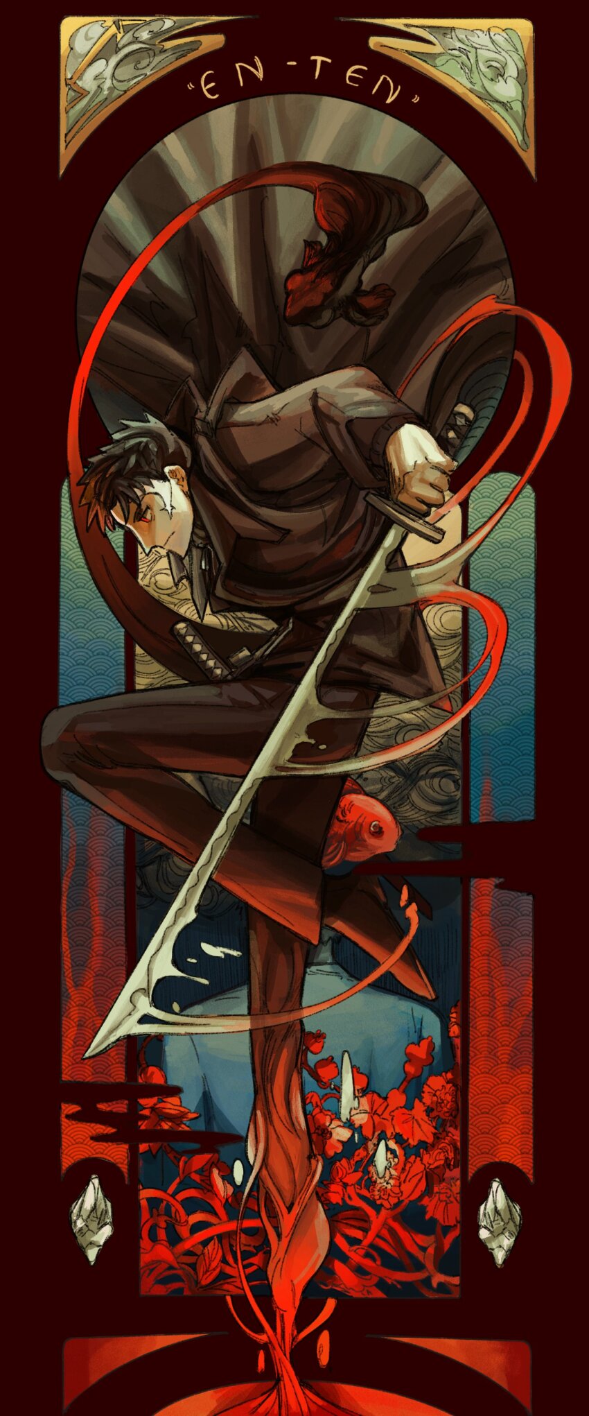 1boy, absurdres, black_coat, black_hair, black_pants, coat, fish, flower, goldfish, highres, holding, holding_sword, holding_weapon, jacket, kagurabachi, katana, katsutacle, looking_back, looking_to_the_side, pants, red_eyes, rokuhira_chihiro, rokuhira_kunishige, scar, sword, trail, trench_coat, weapon