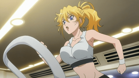 1girl, animated, animated_gif, banpresto, blonde_hair, blue_eyes, bouncing_breasts, breasts, excellen_browning, female_focus, long_hair, lowres, midriff, navel, ponytail, running, solo, super_robot_wars, tank_top, treadmill