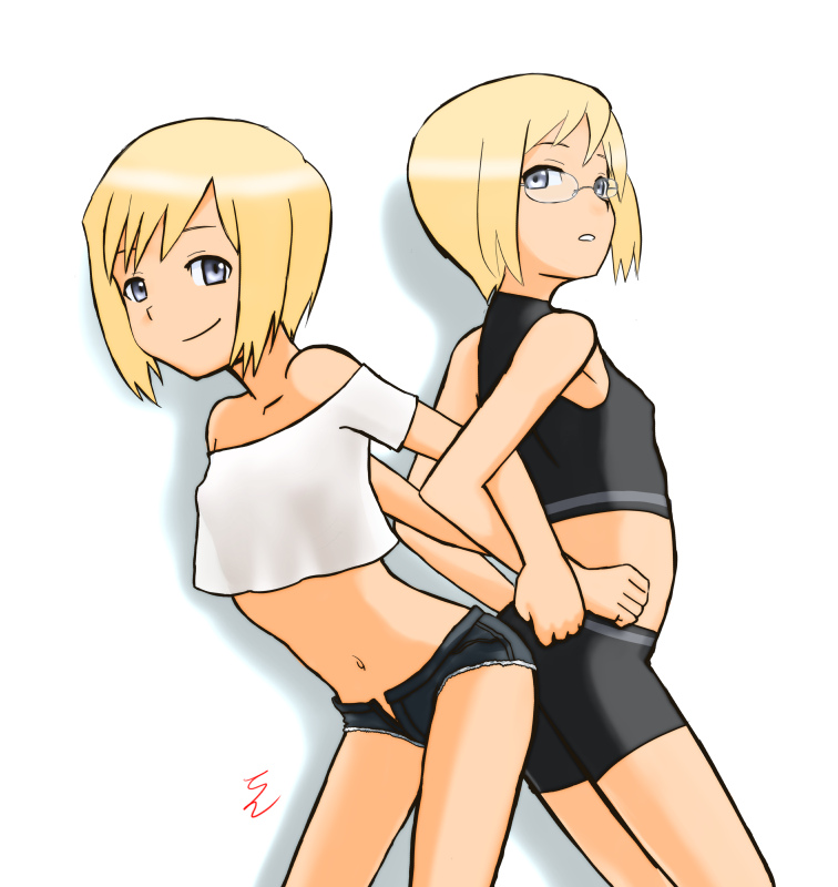 bare_shoulders, bike_shorts, black_shorts, blonde_hair, blue_eyes, blue_shorts, breasts, closed_mouth
