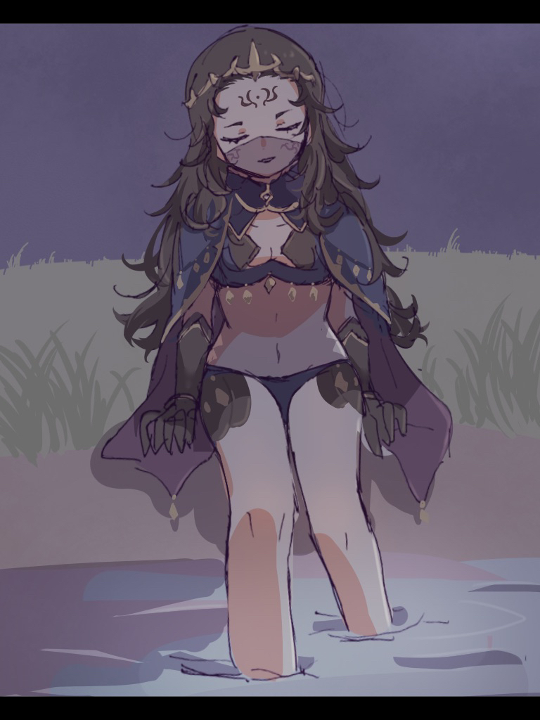 1girl, bodystocking, cape, facial_mark, feet_out_of_frame, fire_emblem, fire_emblem_fates, forehead_mark, messy_hair, mouth_veil, nintendo, nyx_(fire_emblem), solo, sorane_amus, tiara, veil, water