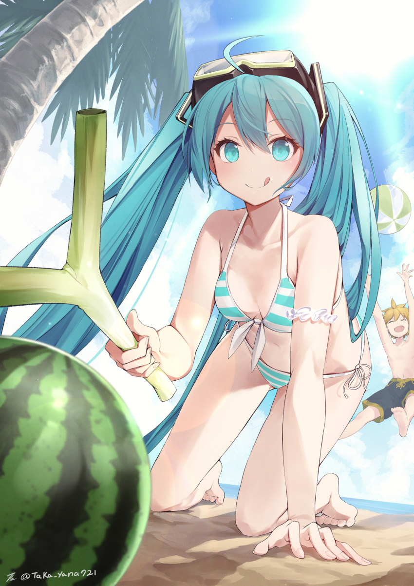 1boy, 1girl, absurdres, all_fours, aqua_bikini, aqua_eyes, aqua_hair, ball