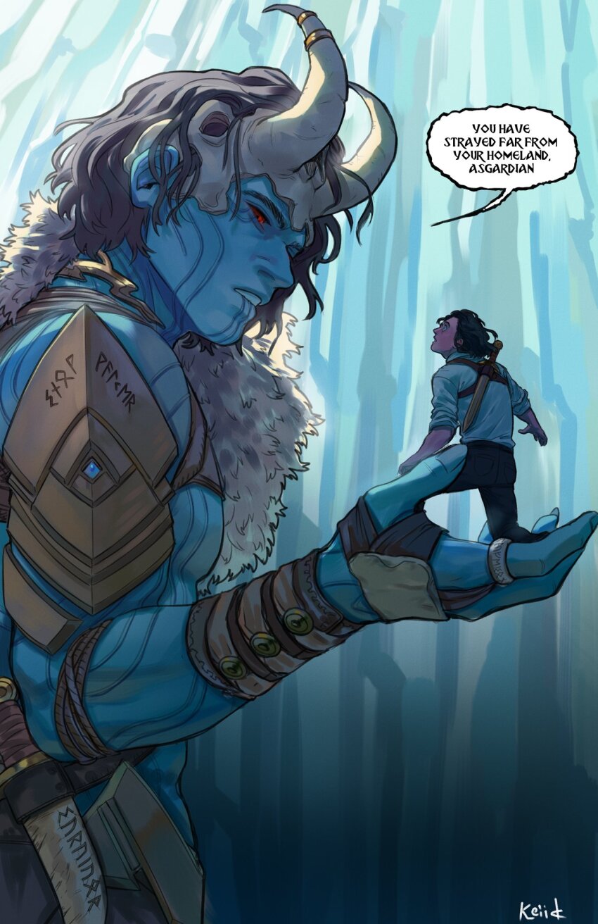 2boys, armor, artist_name, back, black_hair, black_pants, blue_skin, colored_sclera