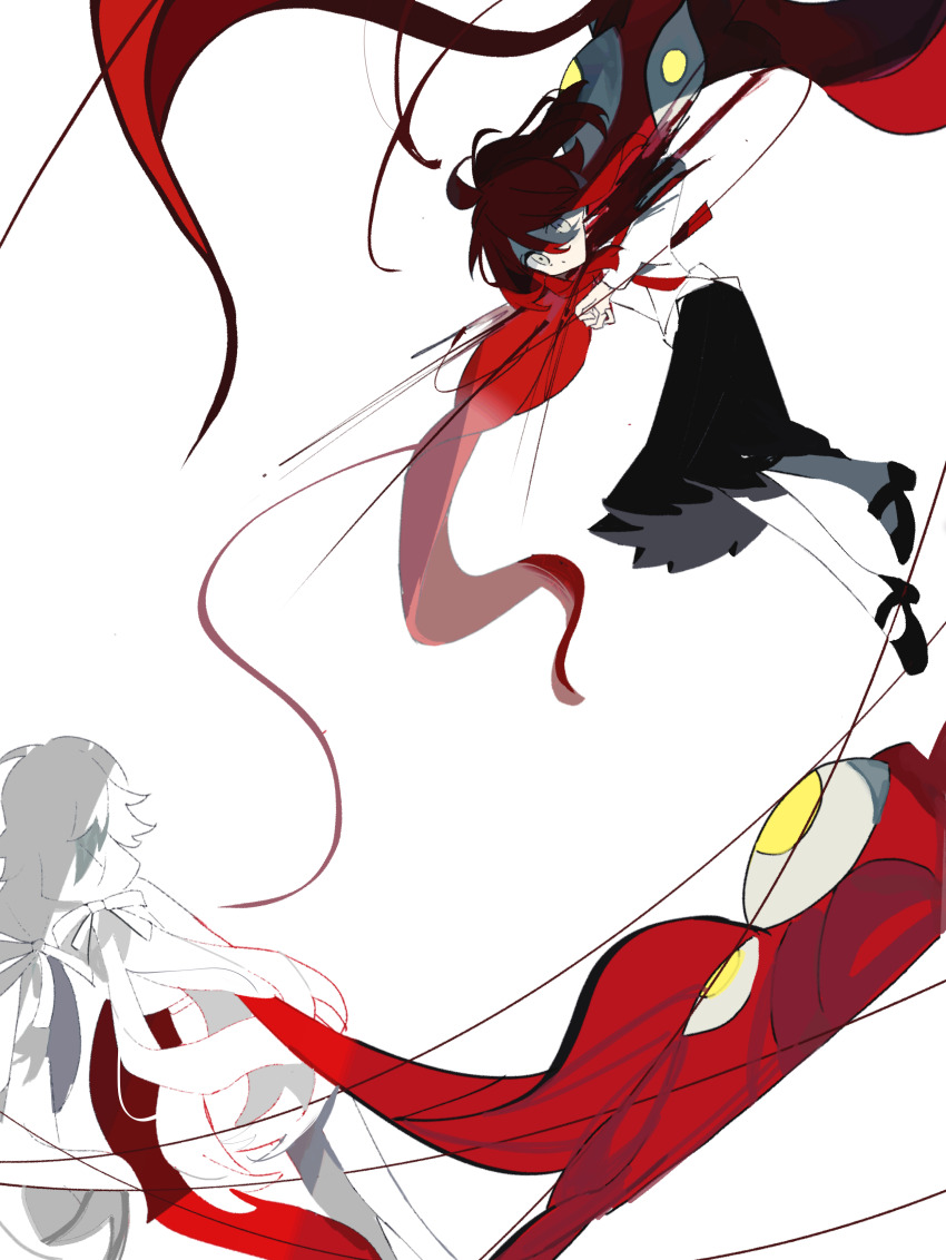 2girls, absurdres, attack, bare_legs, black_footwear, black_skirt, blood, blood_spray