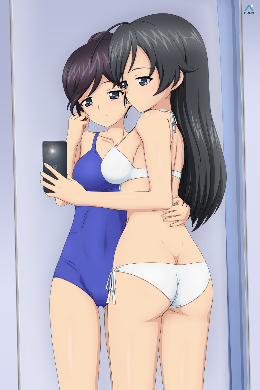 2girls, absurdres, acrux, ahoge, arm_around_another's_waist, artist_logo, ass, back
