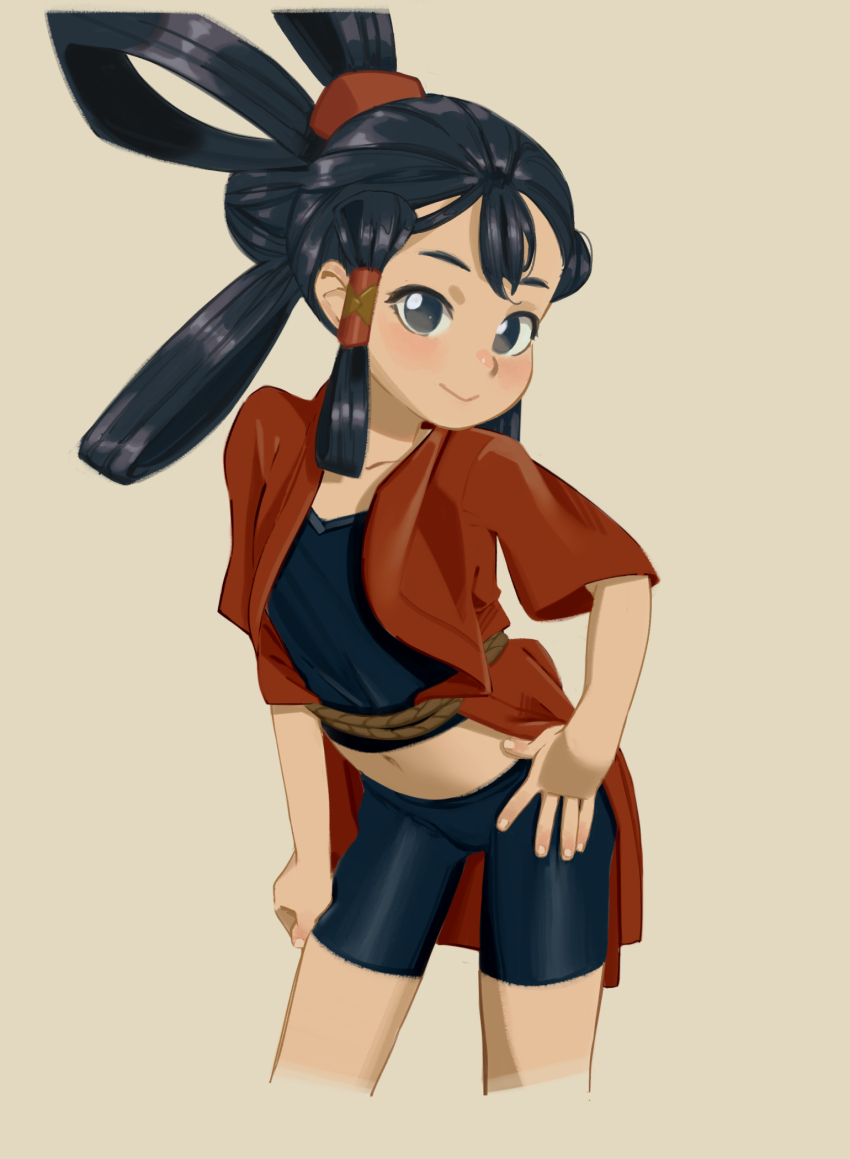 1girl, bike_shorts, black_eyes, black_hair, blush, crop_top, cropped_legs, flat_chest, gizmos, hair_rings, highres, japanese_clothes, kimono, long_hair, mizura, navel, non-web_source, open_clothes, open_kimono, red_kimono, sakuna-hime, smile, solo, tensui_no_sakuna-hime