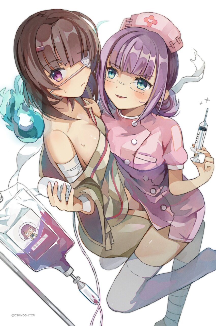 2girls, bandages, blood, blood_bag, blue_fire, bow, breasts, brown_hair