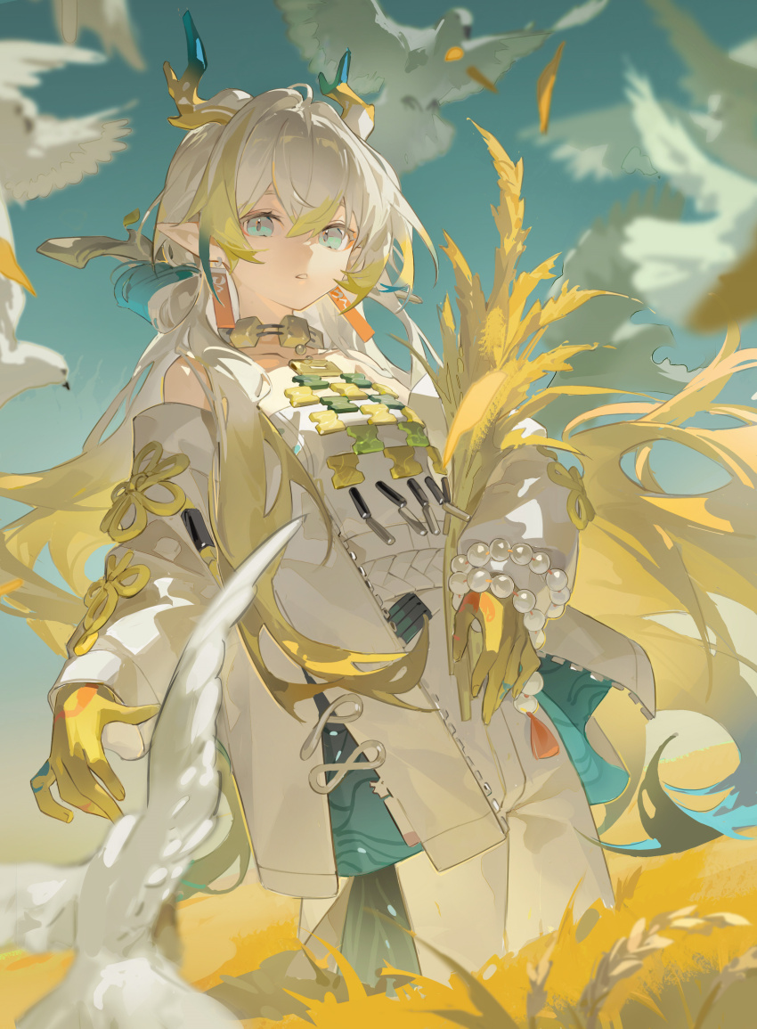 1girl, absurdres, aqua_eyes, aqua_hair, aqua_horns, arknights, bare_shoulders, beads, belt, bird, blonde_hair, blurry, chinese_commentary, colored_skin, commentary_request, dove, dragon_girl, dragon_horns, earrings, feet_out_of_frame, fingernails, hair_between_eyes, highres, holding, holding_plant, horns, jacket, jewelry, limao_jun, long_hair, long_sleeves, looking_at_viewer, multicolored_hair, necklace, off_shoulder, open_clothes, open_jacket, outdoors, pants, parted_lips, plant, pointy_ears, sheaf, shu_(arknights), solo, standing, strapless, sunlight, tube_top, wheat, white_belt, white_bird, white_hair, white_horns, white_jacket, white_pants, white_tube_top, wind, yellow_horns, zipper