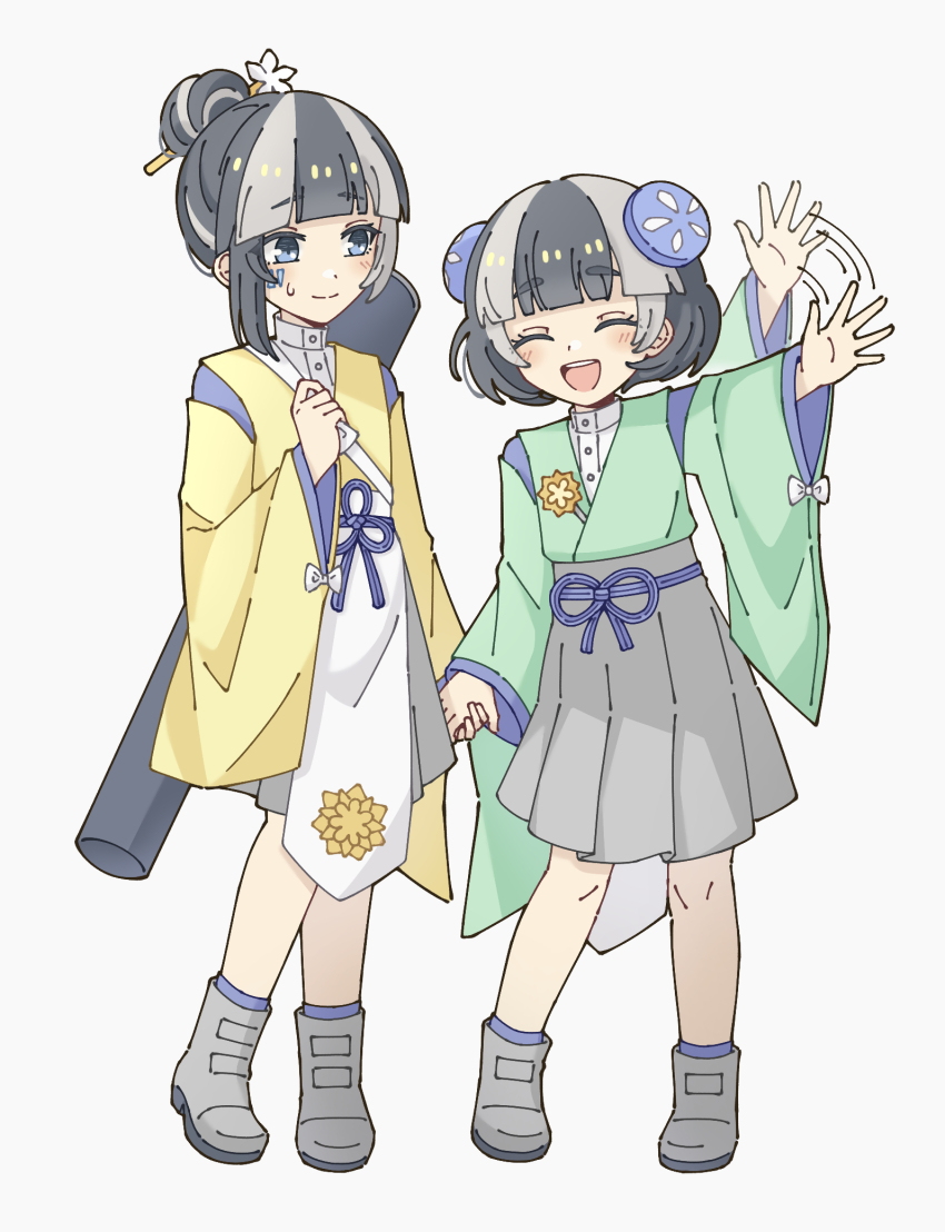 2girls, black_hair, blue_eyes, boots, bow, closed_mouth, commentary, flower_knot