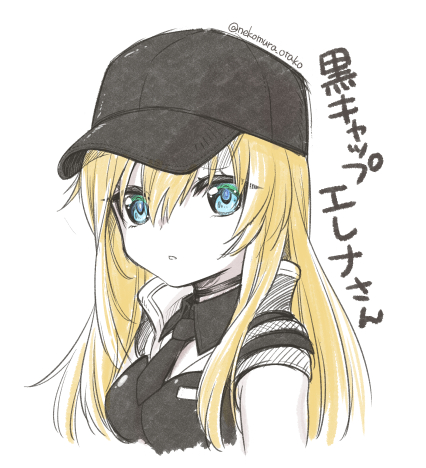 1girl, black_choker, black_hat, black_necktie, blonde_hair, blue_eyes, breasts, choker