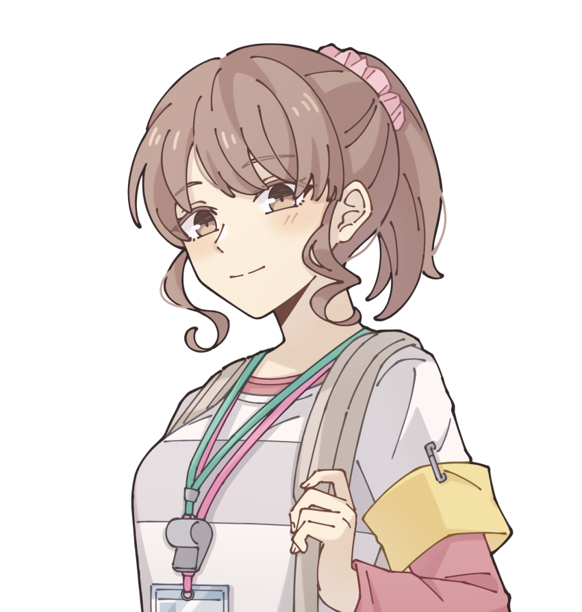 1girl, armband, breasts, brown_eyes, brown_hair, commentary, hair_ornament, hair_scrunchie