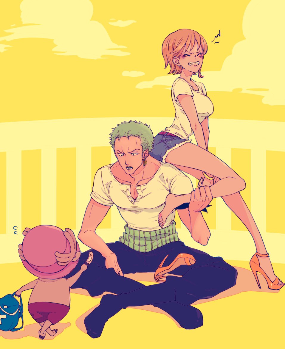 1girl, 2boys, antlers, back, bag, bandaid, black_footwear, black_pants