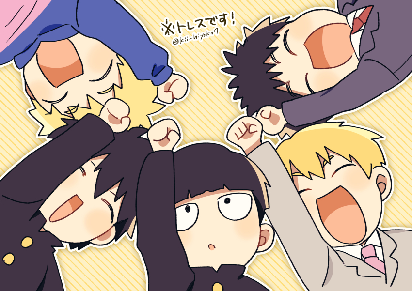 5boys, absurdres, arm_up, black_hair, blonde_hair, clenched_hand, closed_eyes, commentary_request, formal_clothes, gakuran, hanazawa_teruki, highres, kageyama_ritsu, kageyama_shigeo, kii_hiyoko7, male_focus, mob_psycho_100, multiple_boys, necktie, open_mouth, outline, pink_necktie, reigen_arataka, school_uniform, serizawa_katsuya, short_hair, simple_background, smile, striped_background, suit, translation_request, twitter_username, upper_body, white_outline, yellow_background