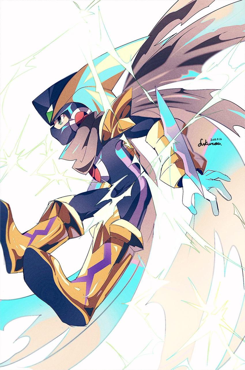 1boy, baron-0628, bass.exe_(mega_man), black_bodysuit, bodysuit, boots, cloak, dated, emblem, fins, forehead_jewel, green_eyes, head_fins, helmet, highres, mask, mega_man_(series), mega_man_battle_network_(series), megaman.exe, mouth_mask, signature, solo, white_background, white_boots