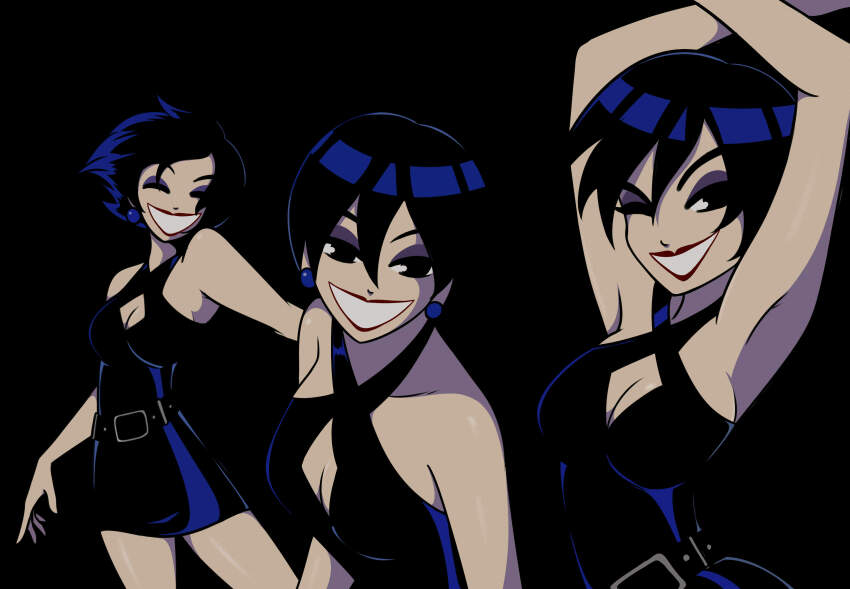 1girl, absurdres, armpits, arms_up, black_eyes, black_eyeshadow, black_hair, blue_dress, breasts, cleavage, closed_eyes, commentary, dress, earrings, english_text, eyeshadow, highres, jeff_miga, jewelry, lady_death_(pearl_jam), makeup, medium_breasts, one_eye_closed, pearl_jam, short_dress, short_hair, smile
