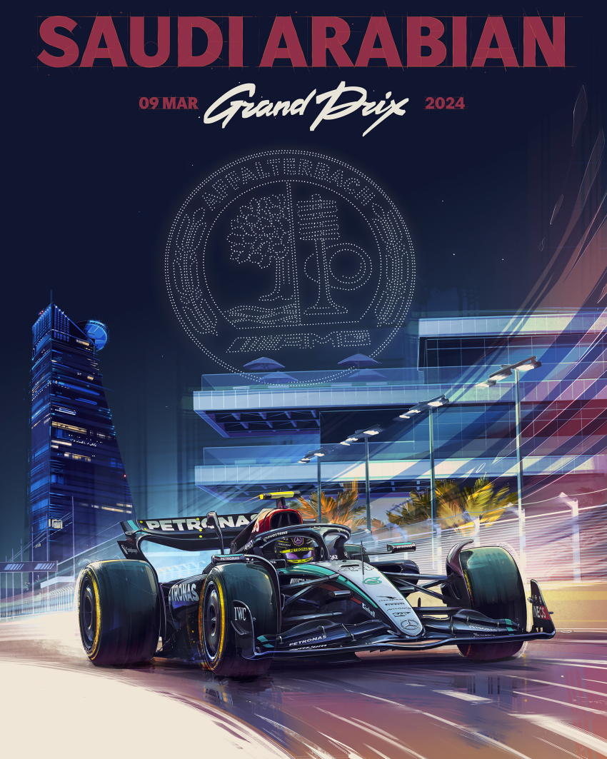 1boy, absurdres, andrew_mytro, car, commentary, driving, english_commentary, formula_one, formula_racer, helmet, highres, jeddah_corniche_circuit, lewis_hamilton, mercedes-amg_f1_w14, mercedes-benz, motion_blur, motor_vehicle, official_art, petronas, promotional_art, race_vehicle, racecar, racetrack, real_life, real_world_location, saudi_arabia, shadow, spoiler_(automobile), sponsor, vehicle_focus