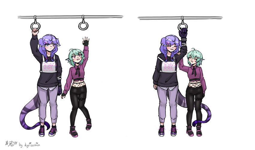 2girls, asymmetrical_arms, black_nails, black_pants, black_shirt, blue_eyes, braid, closed_eyes